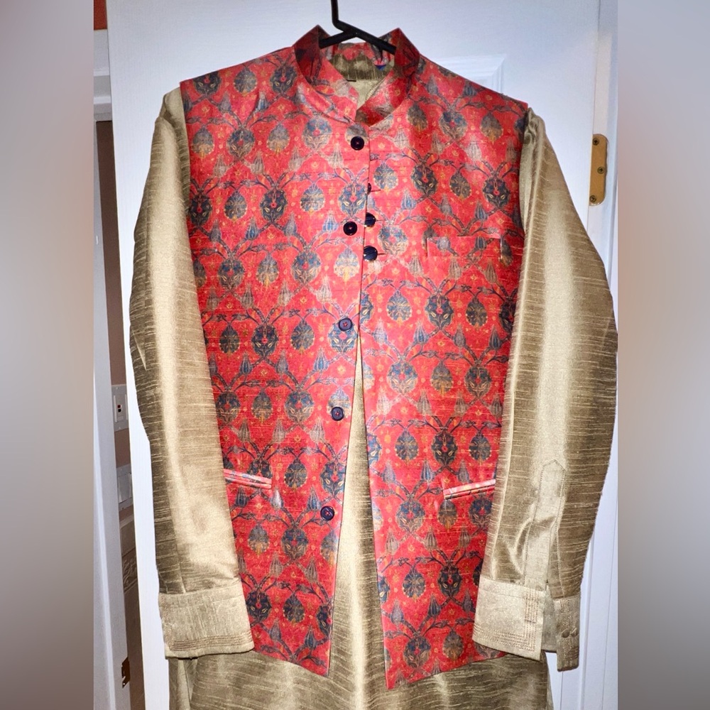 Men’s Orange/ Blue & Gold Waistcoast Bandhgala Kurta Pajama